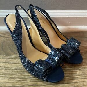 Kate Spade"Charm" Blue Glitter Slingback Bow Peep‎ Toe Pumps Heels Size 6.5